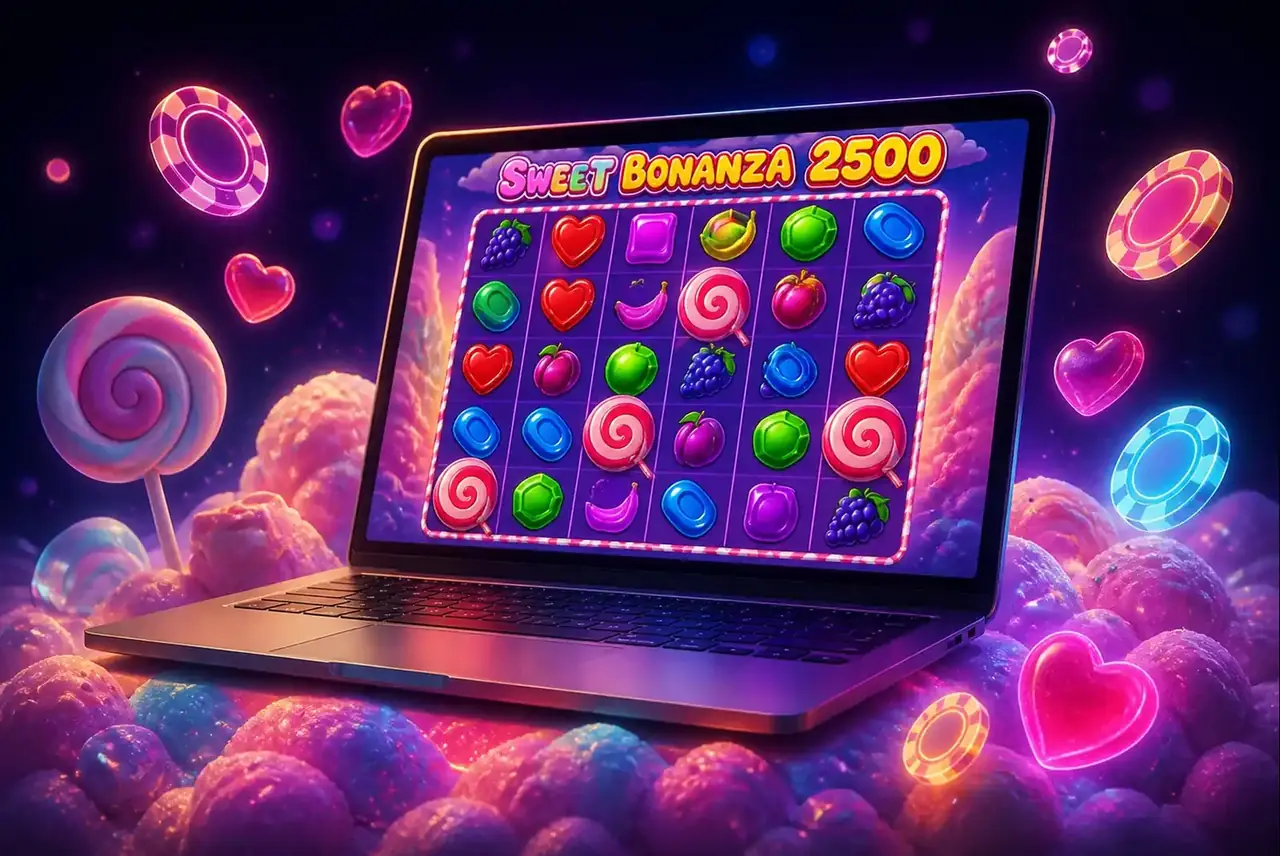 Ноутбук с демо Sweet Bonanza 2500 среди конфетного пейзажа