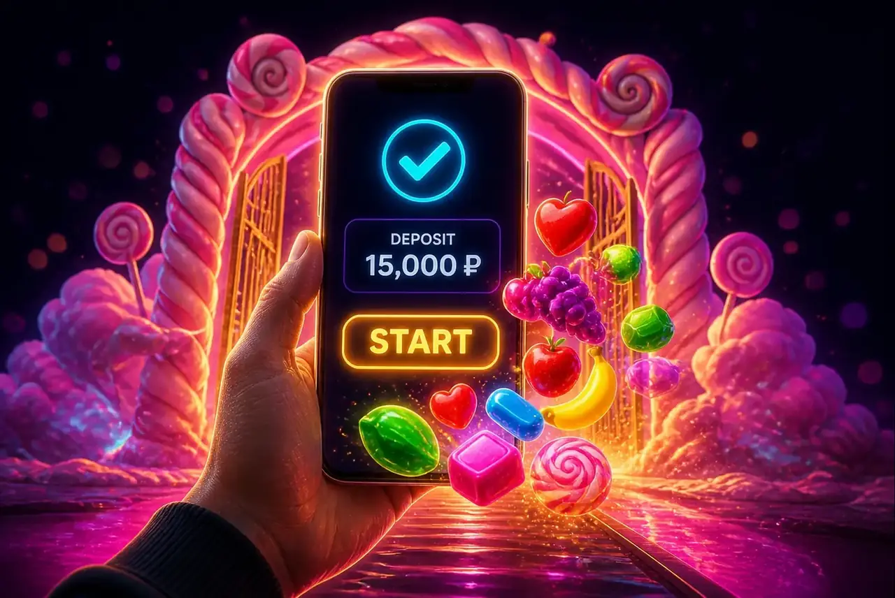 Смартфон с регистрацией и запуском Sweet Bonanza на фоне страны сладостей