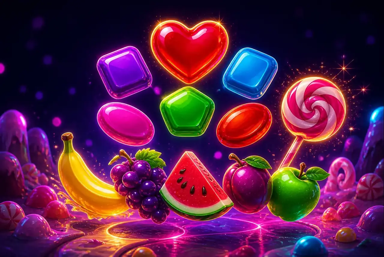 Символы Sweet Bonanza: фрукты, цветные конфеты и красное сердечко