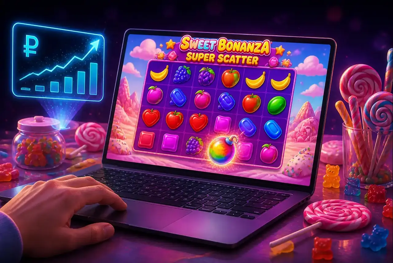 Демо Sweet Bonanza Super Scatter на ноутбуке среди конфет