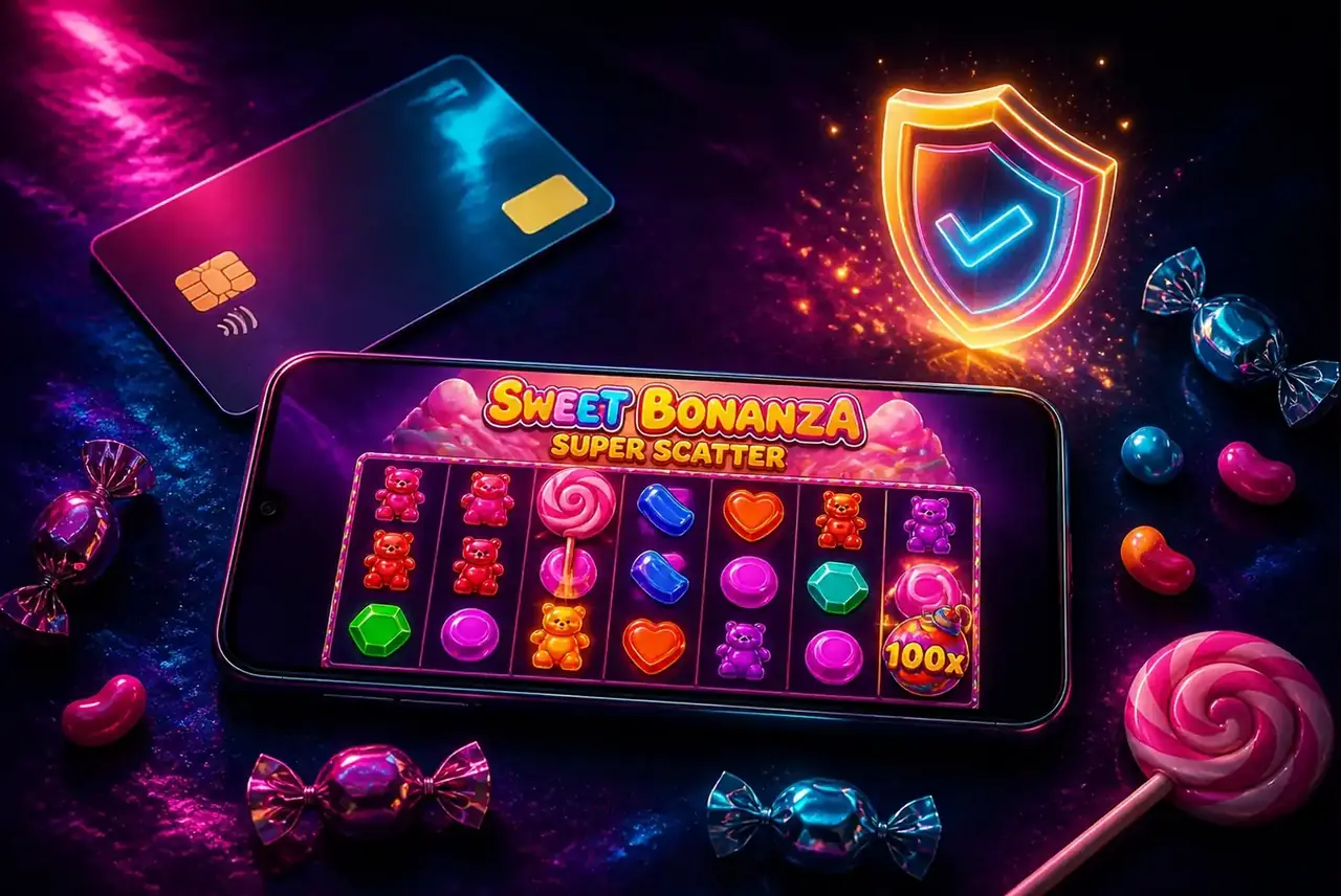 Смартфон со слотом Sweet Bonanza Super Scatter, карта и конфеты на столе
