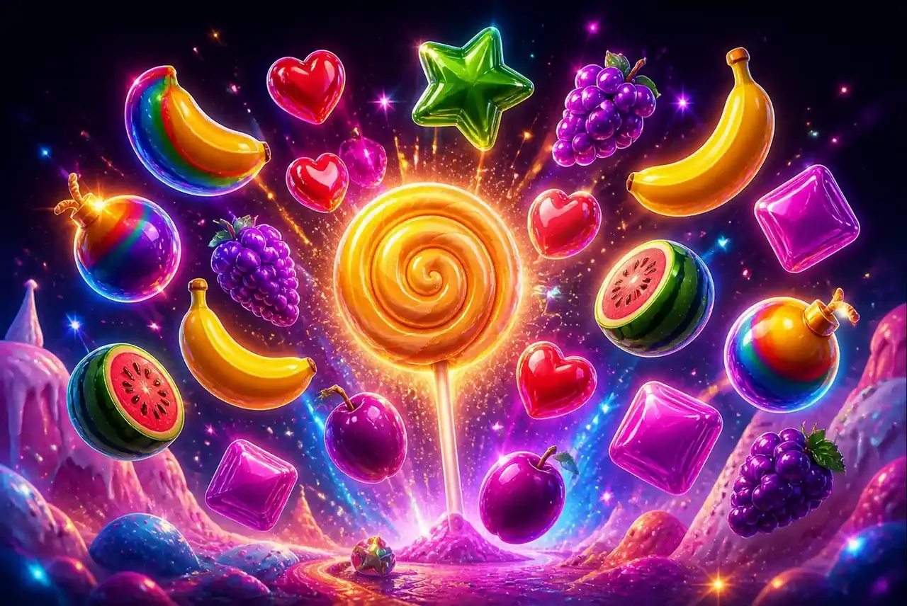 Символы Sweet Bonanza Super Scatter: фрукты, конфеты, бомбы и особый скаттер