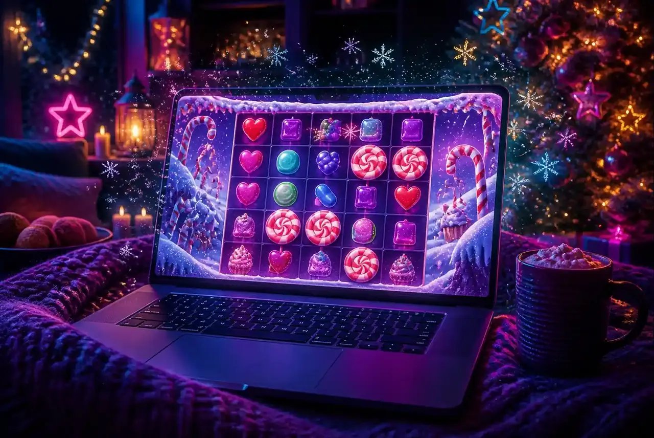 Ноутбук с демо Sweet Bonanza Xmas в новогодней комнате
