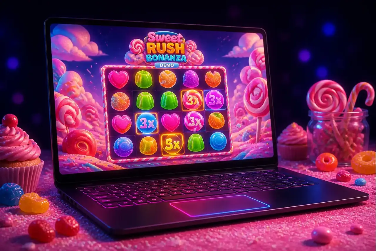 Демо Sweet Rush Bonanza на ноутбуке с мармеладными символами
