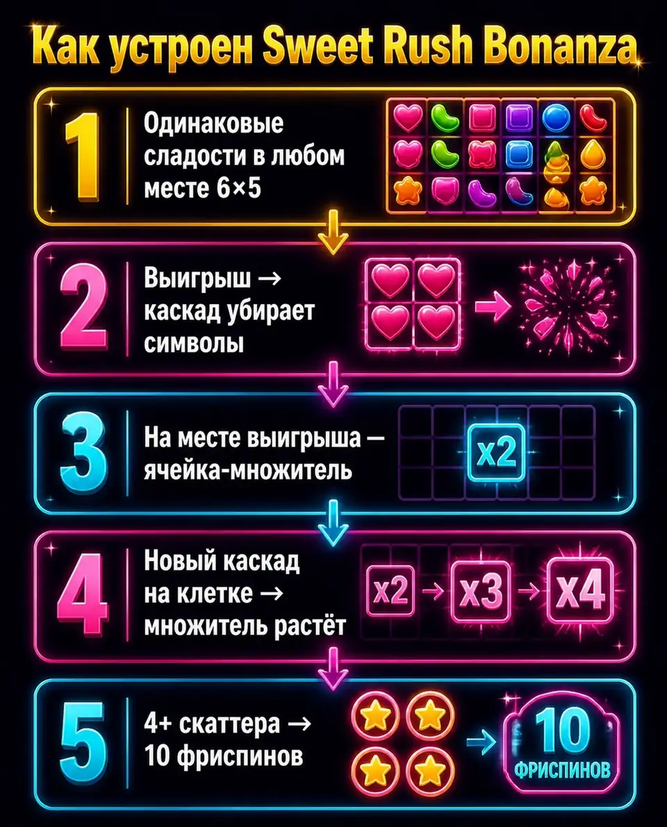 Схема выплат и растущих ячеек-множителей в Sweet Rush Bonanza