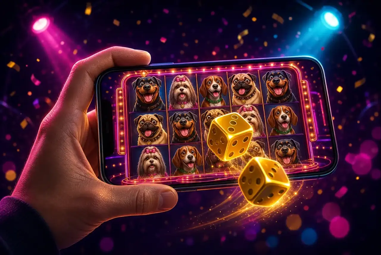 Смартфон с The Dog House Dice Show и вылетающими костями