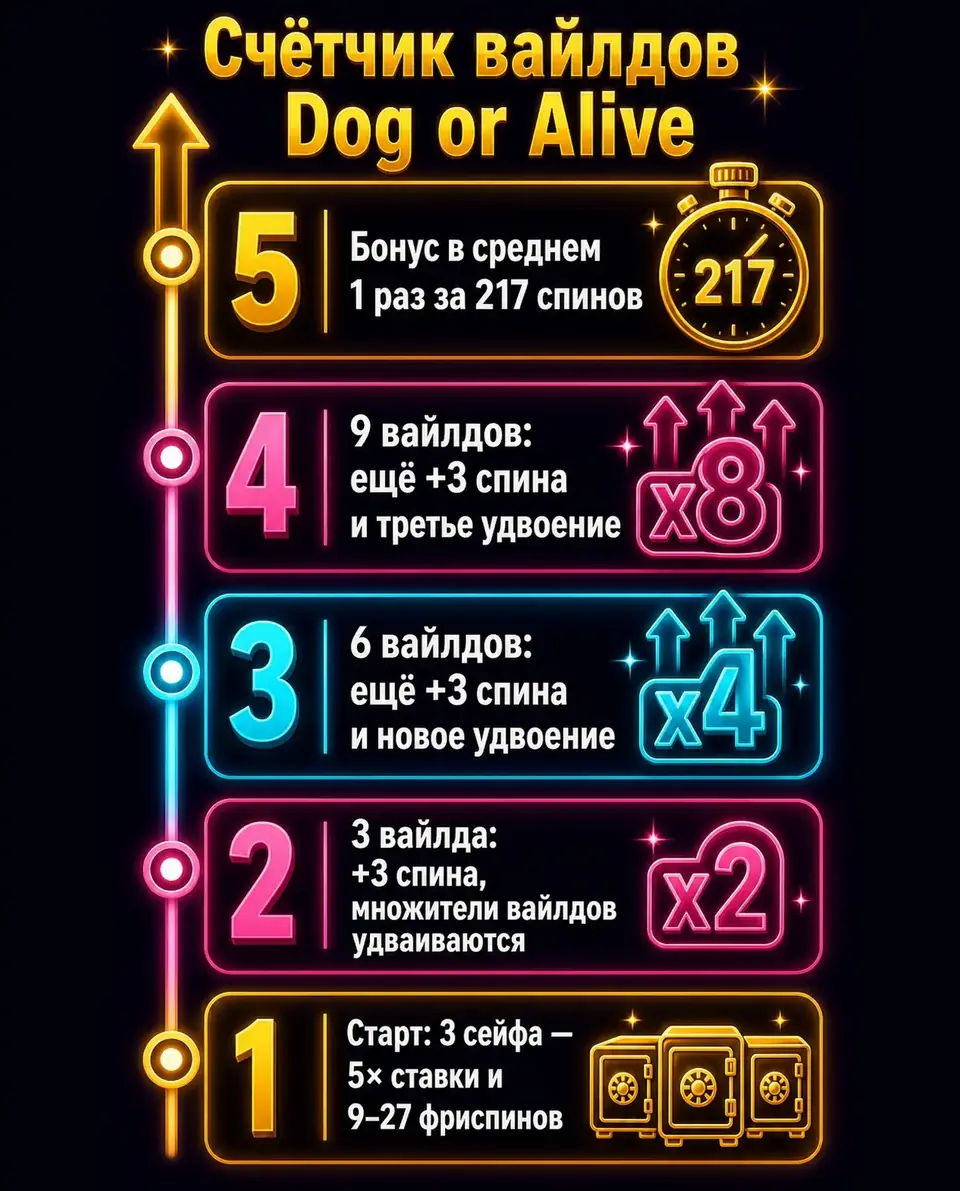 Ступени счётчика вайлдов во фриспинах The Dog House – Dog or Alive