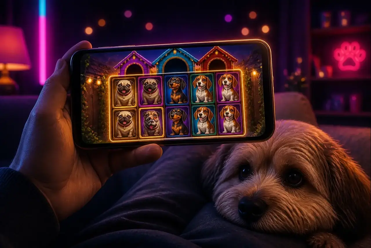 Слот The Dog House на смартфоне и собака рядом с игроком