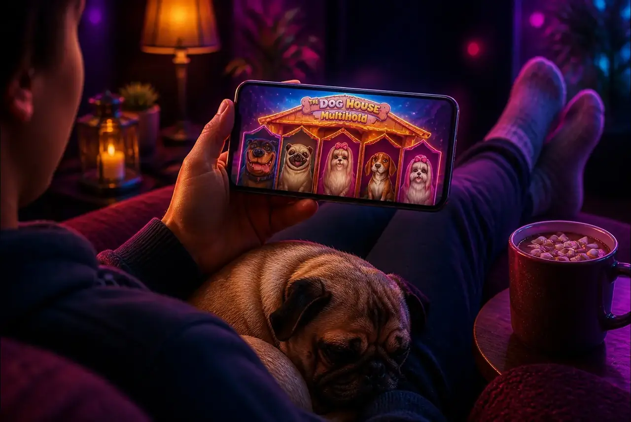 Игрок с мопсом на диване запускает Dog House Multihold на телефоне