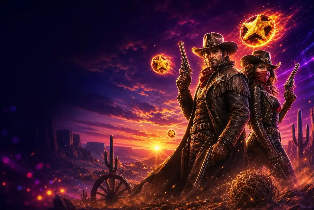 Шериф и ковбойша в каньоне на закате — Wild West Gold Blazing Bounty