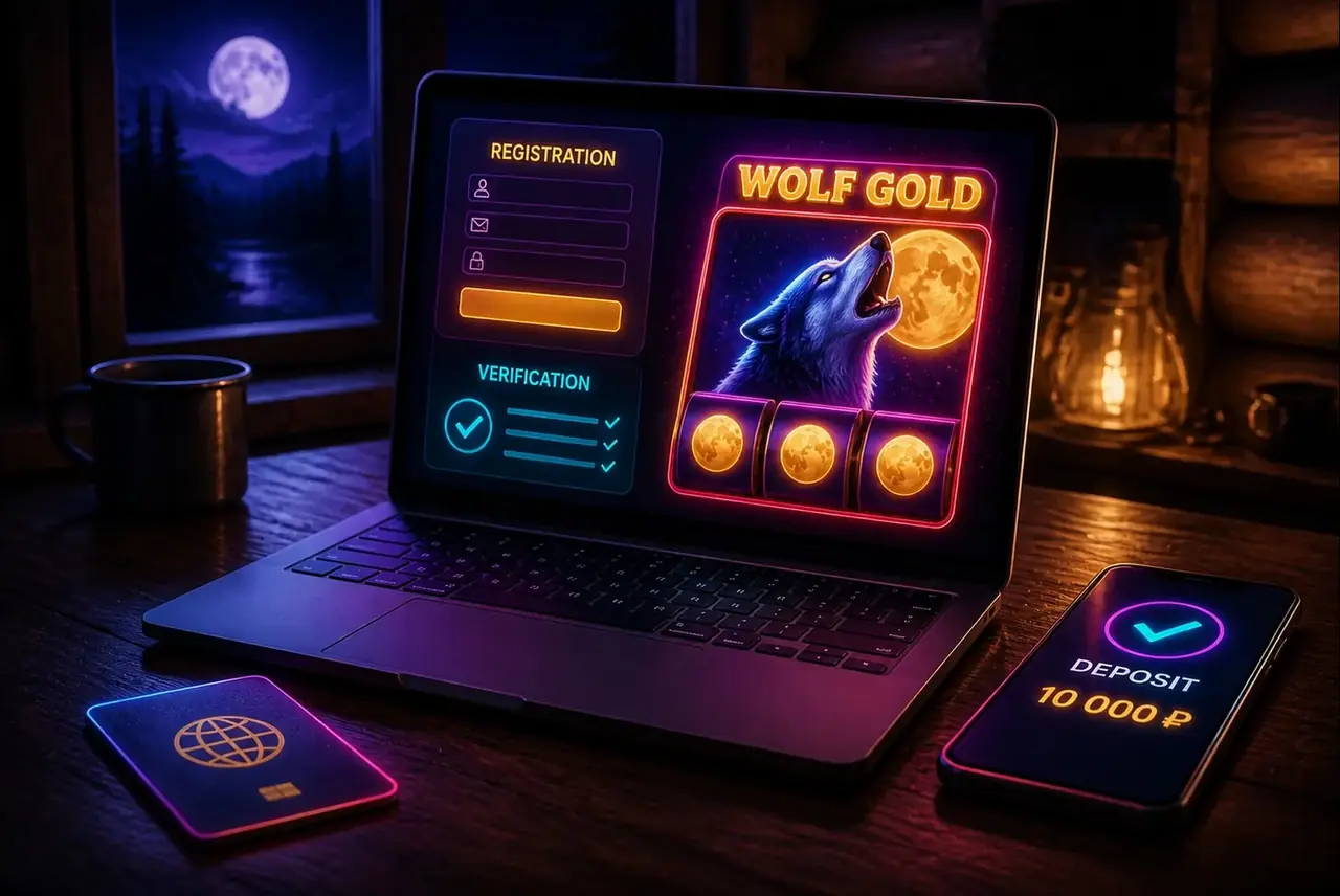 Ноутбук с регистрацией и слотом Wolf Gold в уютной обстановке